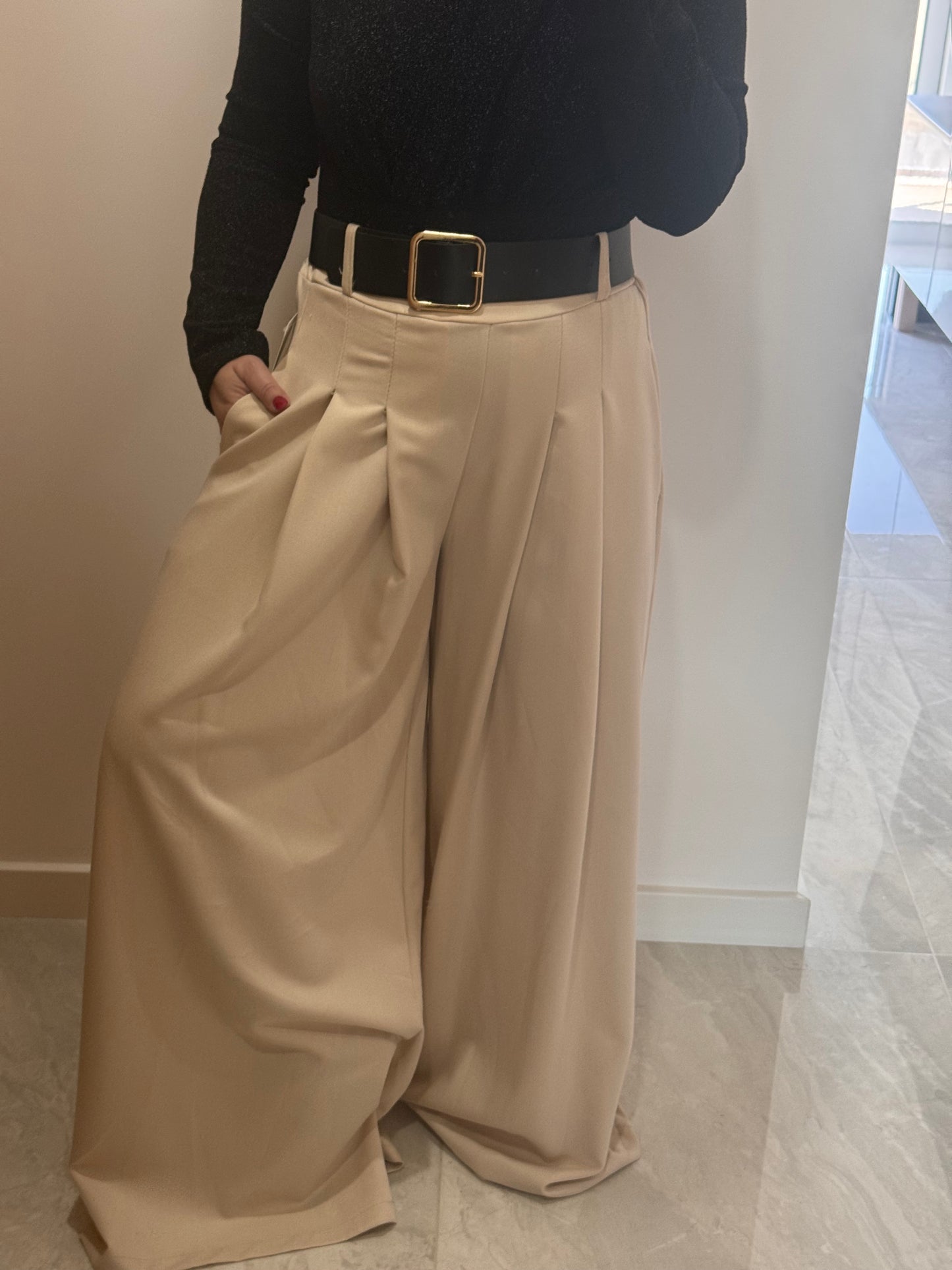Pantalon Oversize Beige avec Ceinture