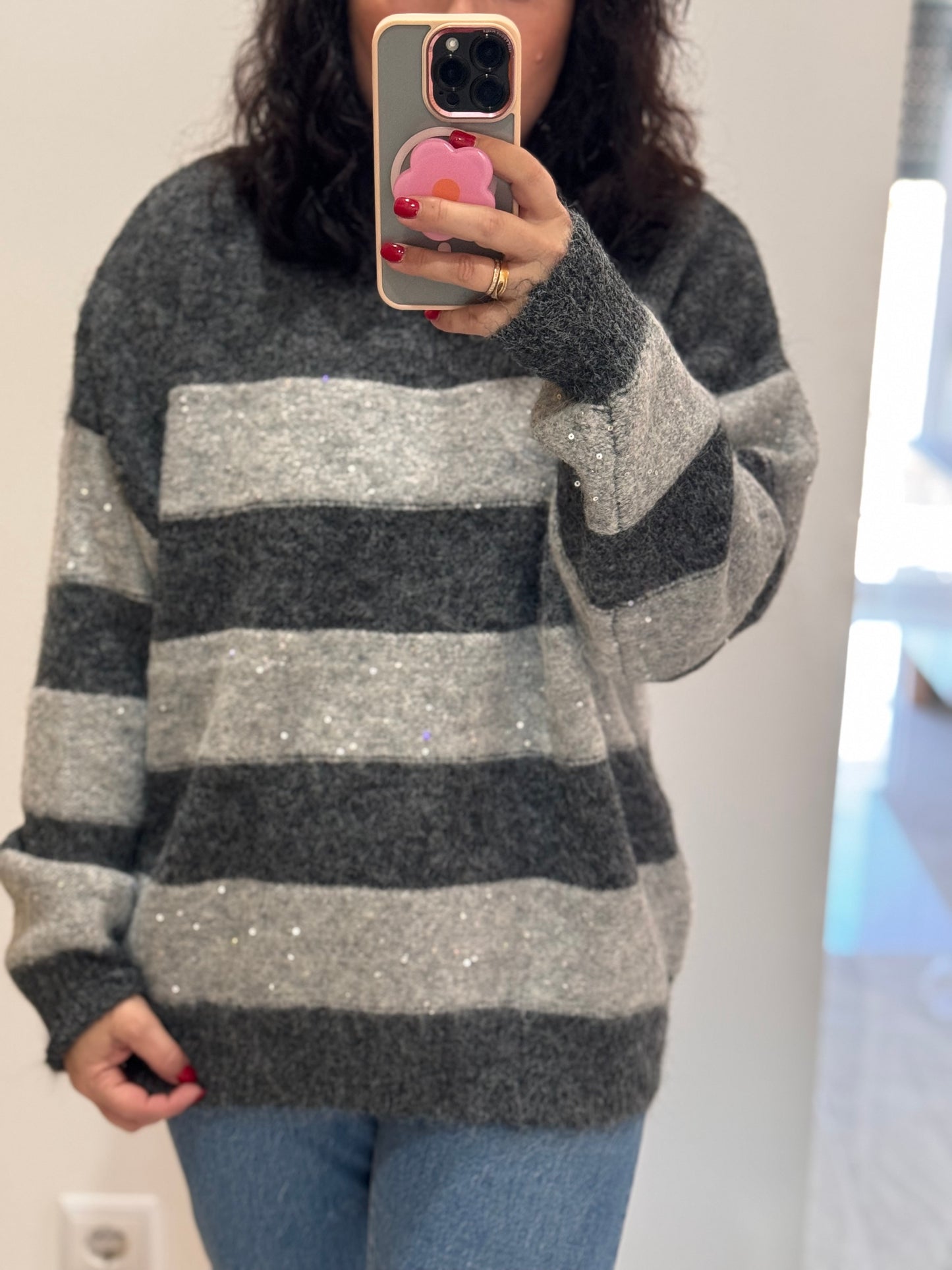 Pull tout doux à rayure Gris foncé