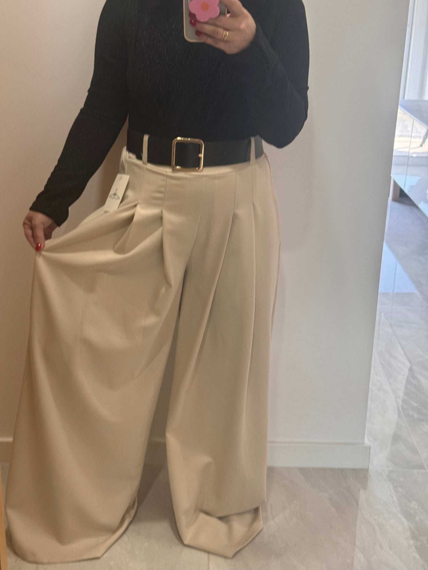 Pantalon Oversize Beige avec Ceinture