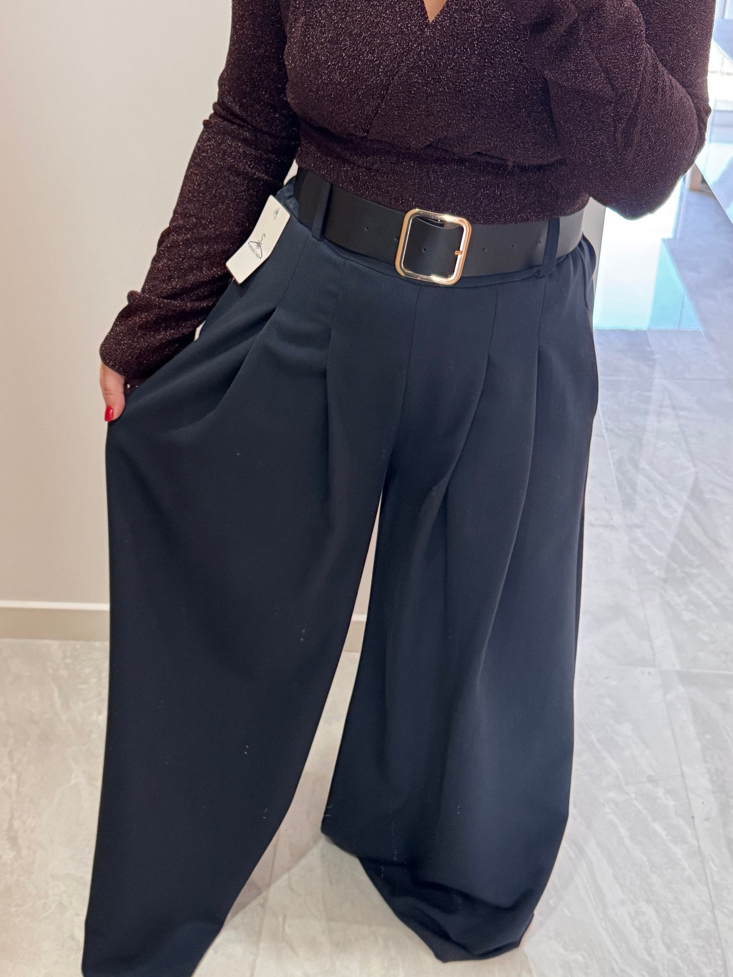 Pantalon Large Bleu foncé avec ceinture